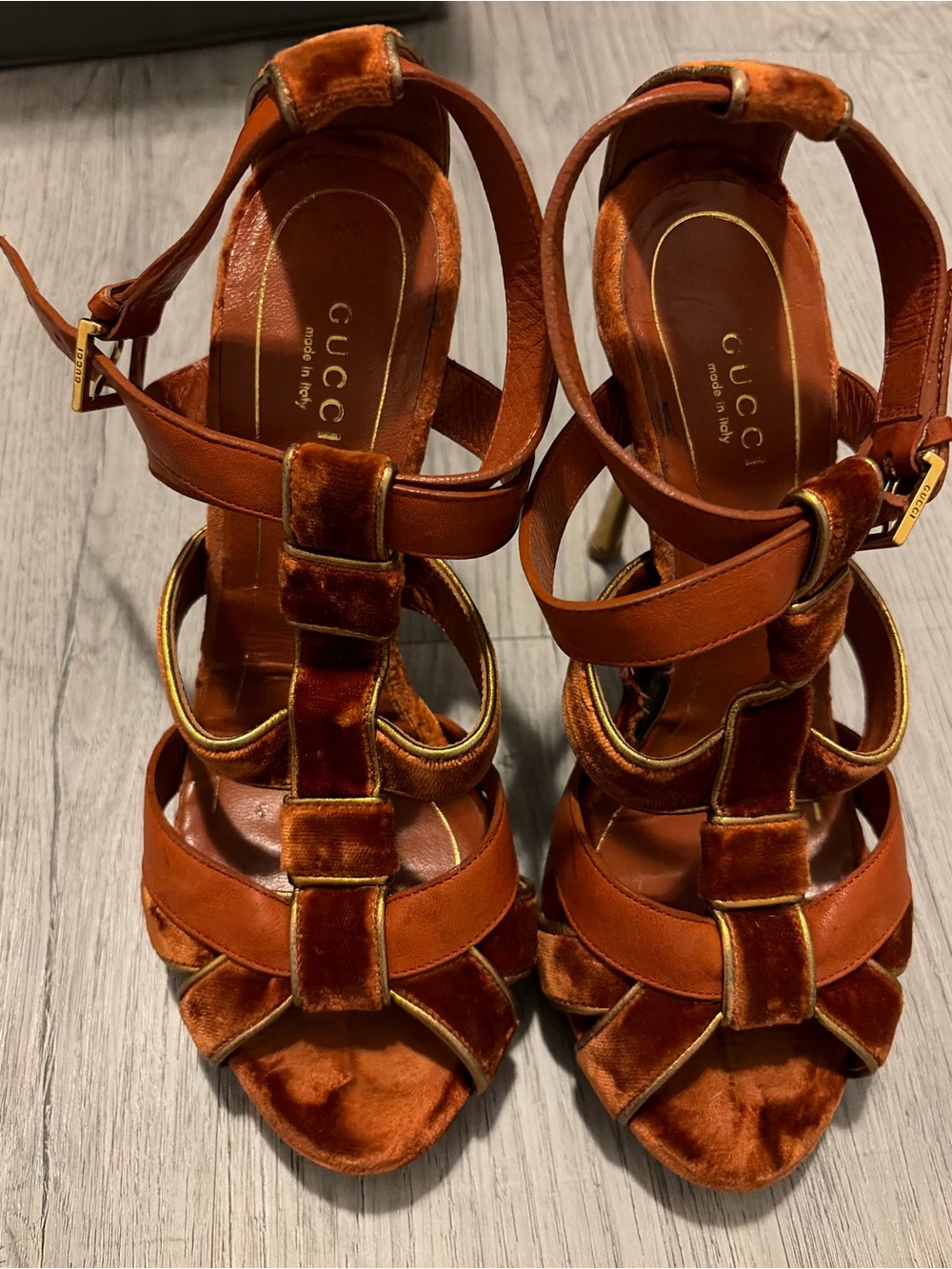 Gucci Women's Velvet Strappy Heels — Rust